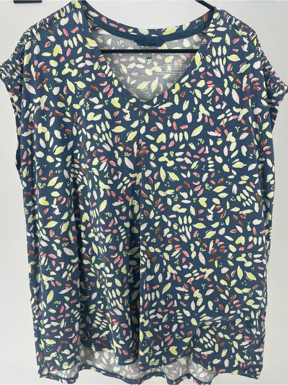 L.L. Bean Navy V-Neck Cap-Sleeve Top with Pink and Lime Leaf Print